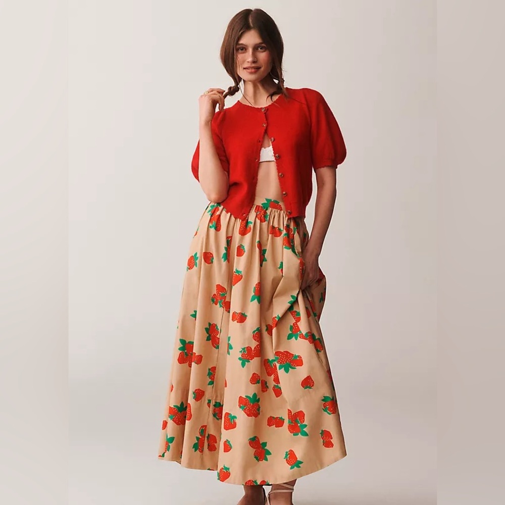 Anthropologie Maeve The Jacie Poplin Strawberry Printed Midi Skirt Small Petite